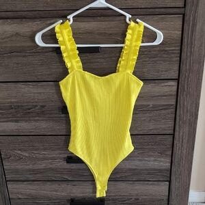 Yellow Ribbed Bodysuit with Ruffle Straps